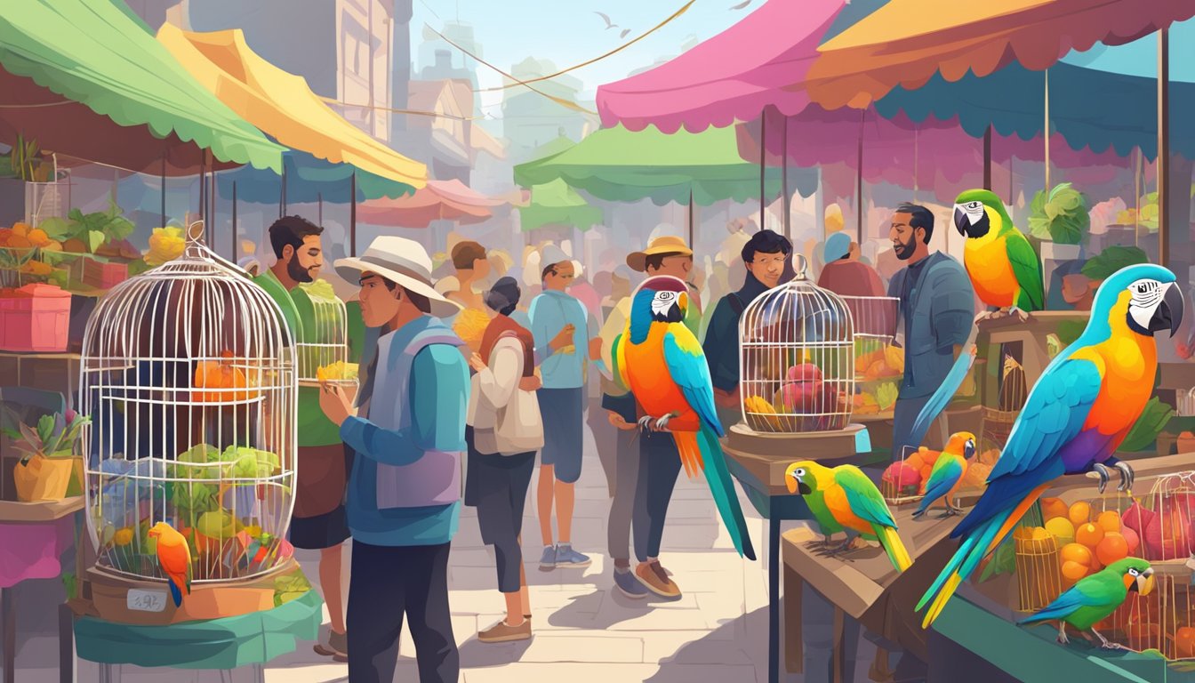 A vibrant market scene with colorful bird cages and enthusiastic customers exploring various parrot species at different stalls