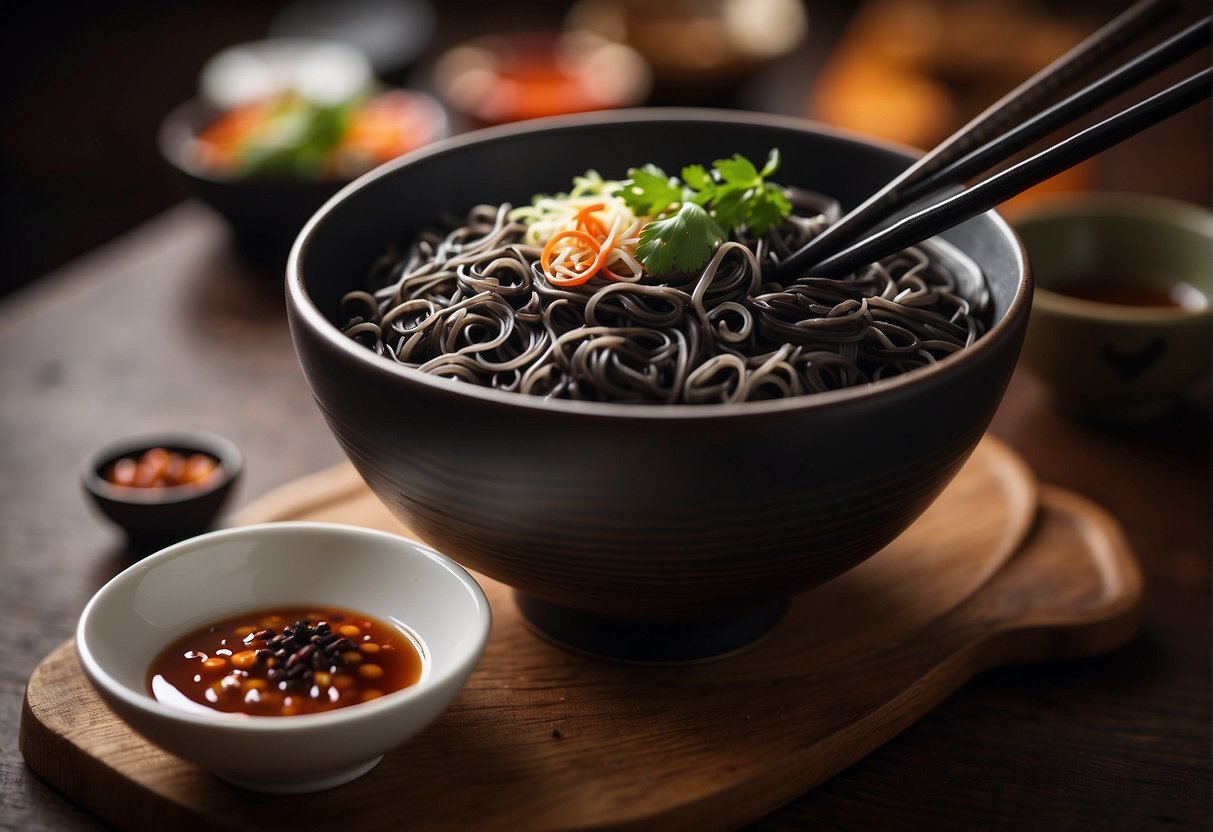 A steaming bowl of Chinese black noodles with chopsticks and a side of spicy sauce