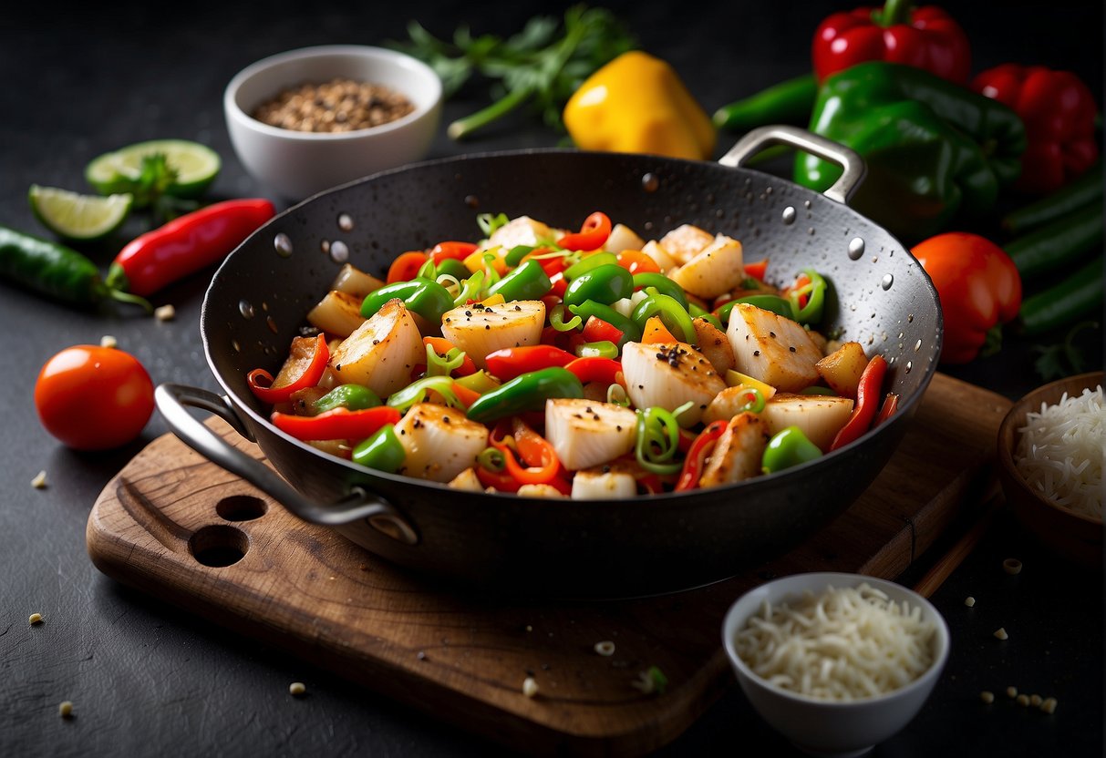 A sizzling wok with chunks of fish, surrounded by vibrant red and green peppers, onions, and a sprinkle of black peppercorns