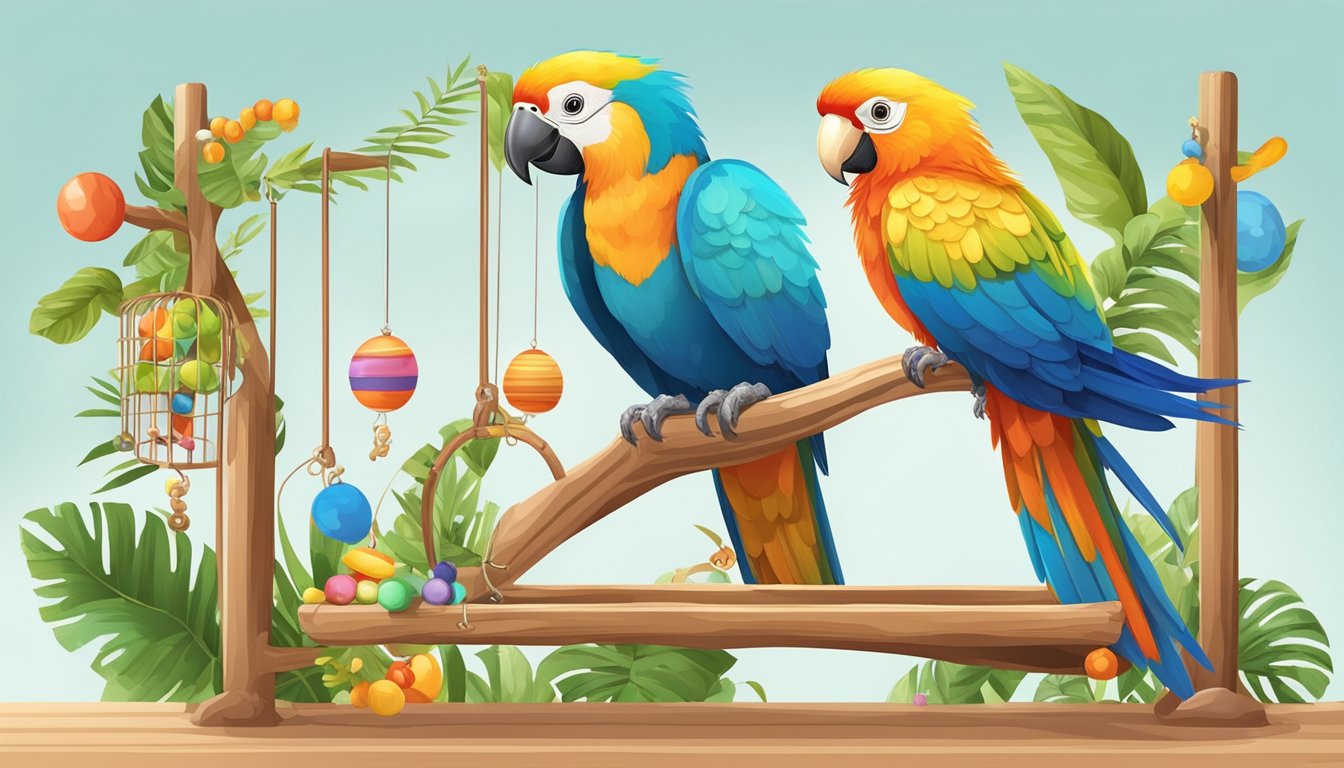 A colorful parrot perched on a wooden swing, surrounded by a variety of bird toys, perches, and a spacious cage