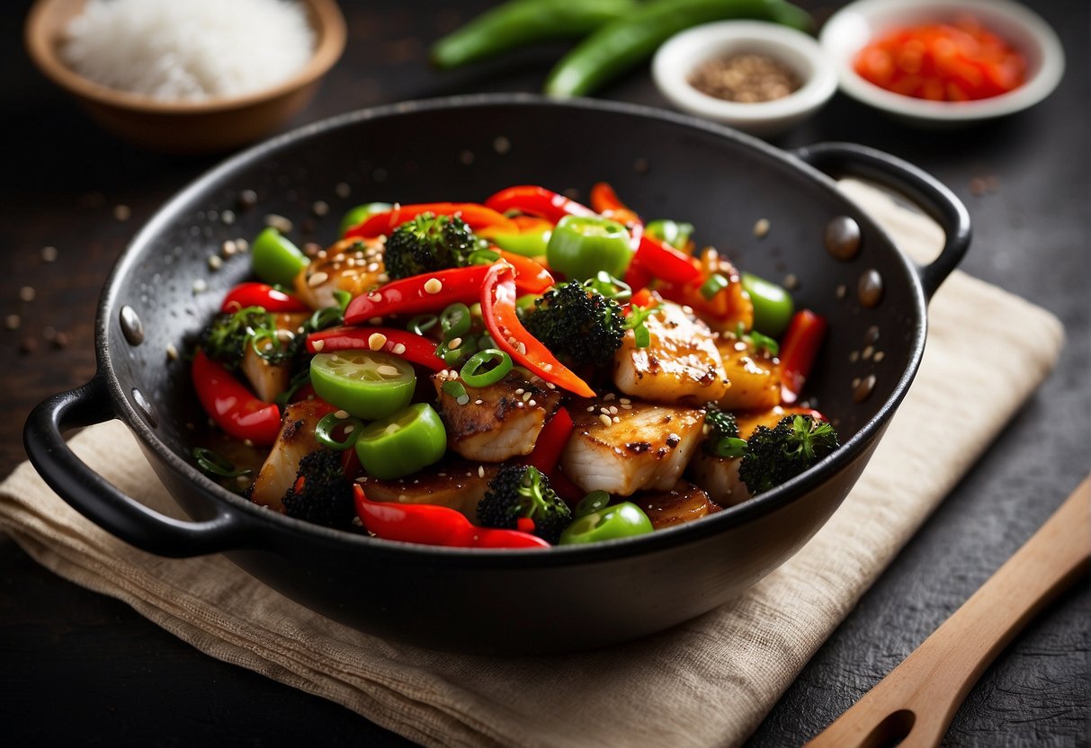 A sizzling wok of Chinese black pepper fish, with vibrant red and green peppers, aromatic spices, and a glossy, savory sauce