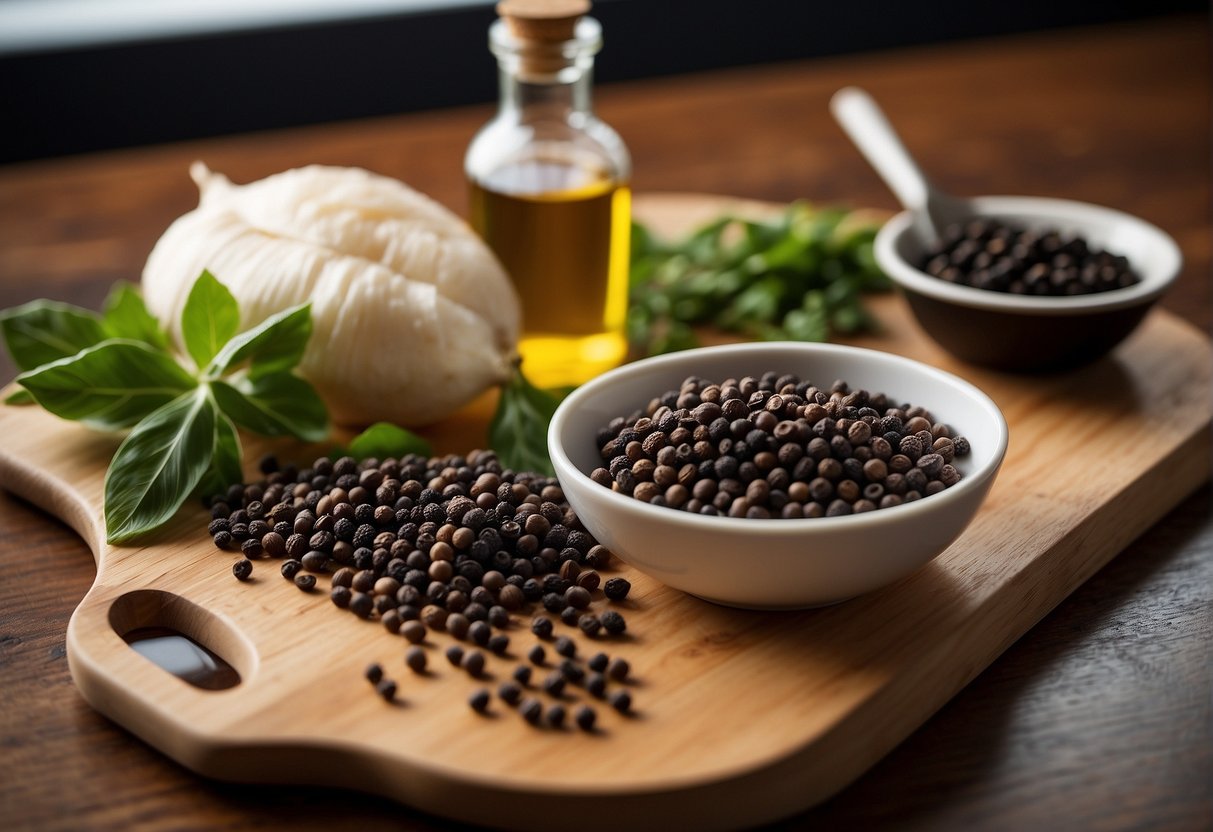 A wooden cutting board with whole black peppercorns, fresh fish fillets, soy sauce, ginger, and garlic. A bowl of cornstarch and a bottle of cooking oil sit nearby