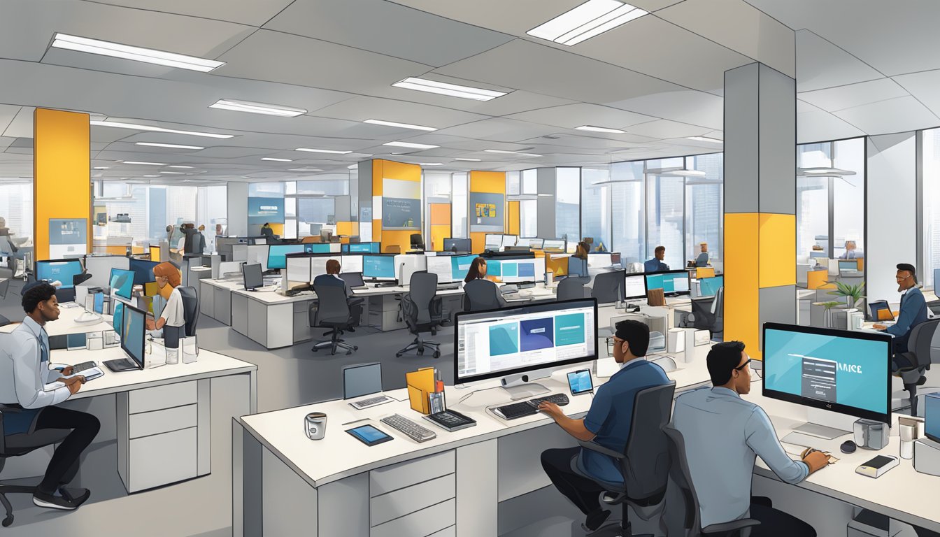 A bustling office with Publicis Media logos on screens and branded merchandise