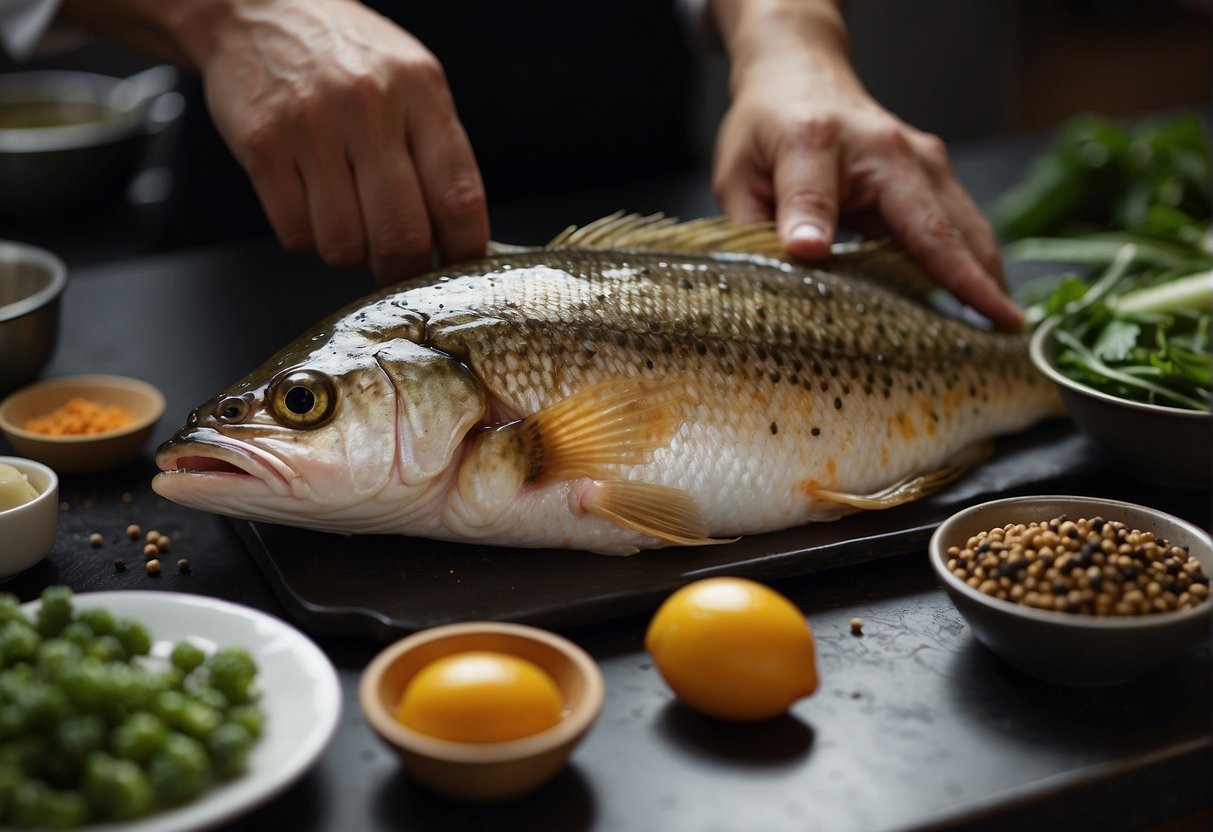 A chef seasons a whole fish with Chinese black pepper and prepares it for cooking