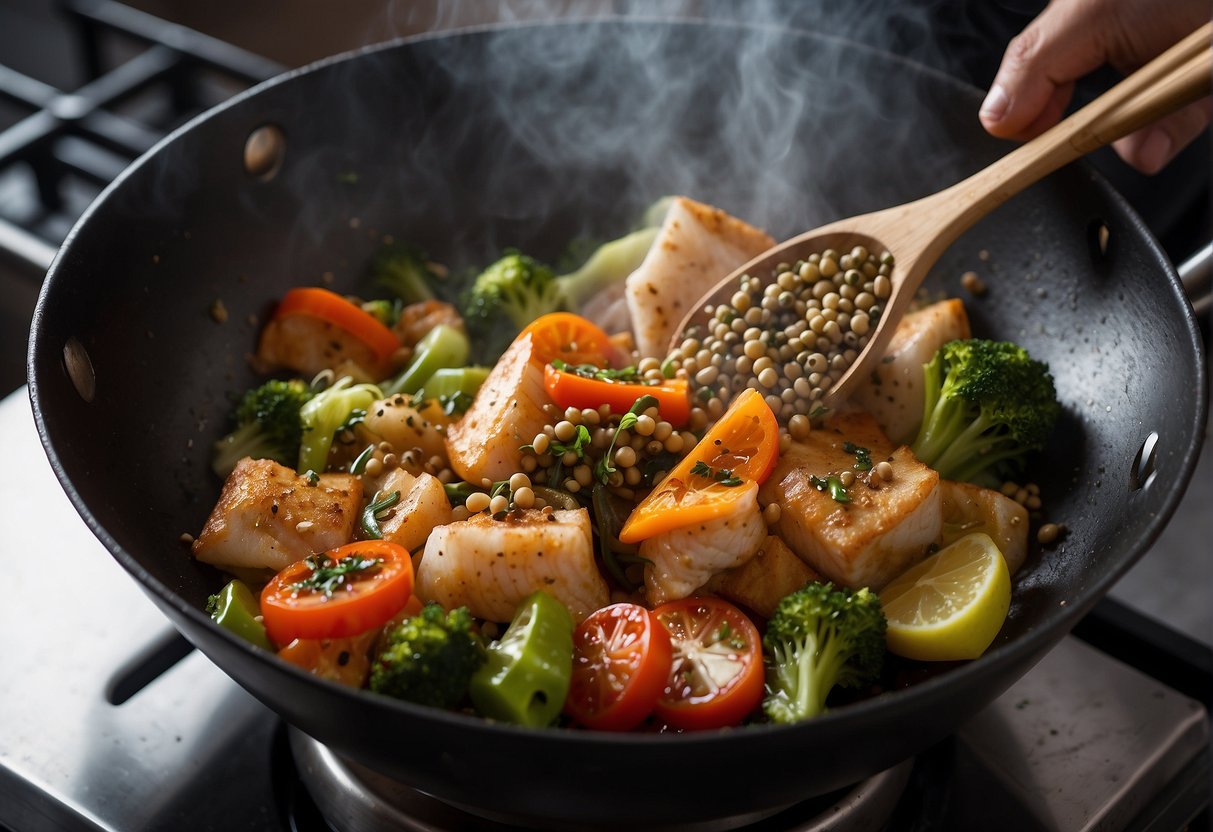 A wok sizzles with fish, black pepper, and aromatic spices. Steam rises as the chef tosses the ingredients, creating a tantalizing aroma