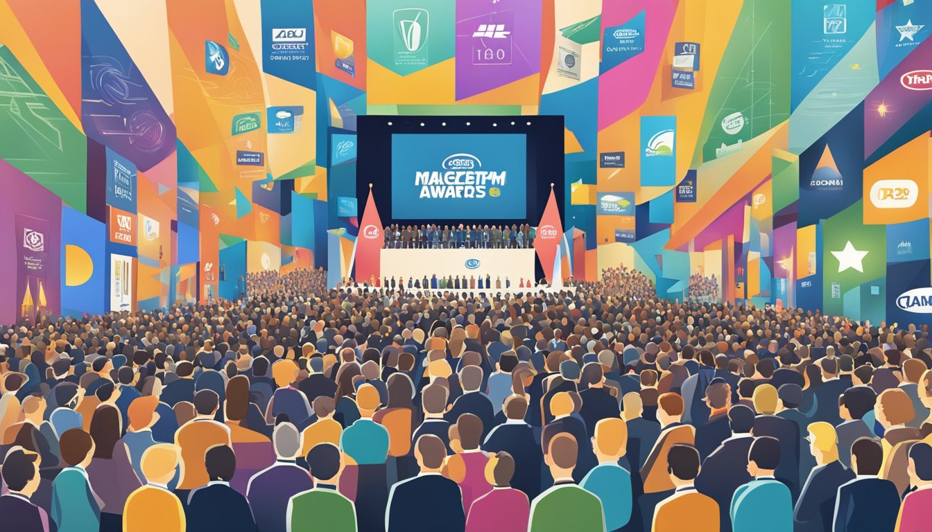 A crowded awards ceremony with logos of major media brands displayed prominently, showcasing their cultural impact and industry recognition
