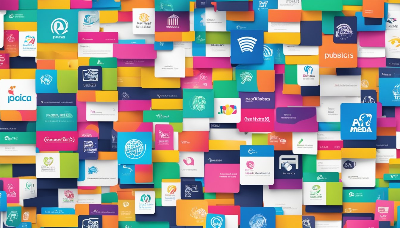 A stack of colorful FAQ cards with Publicis Media logos, surrounded by various brand logos