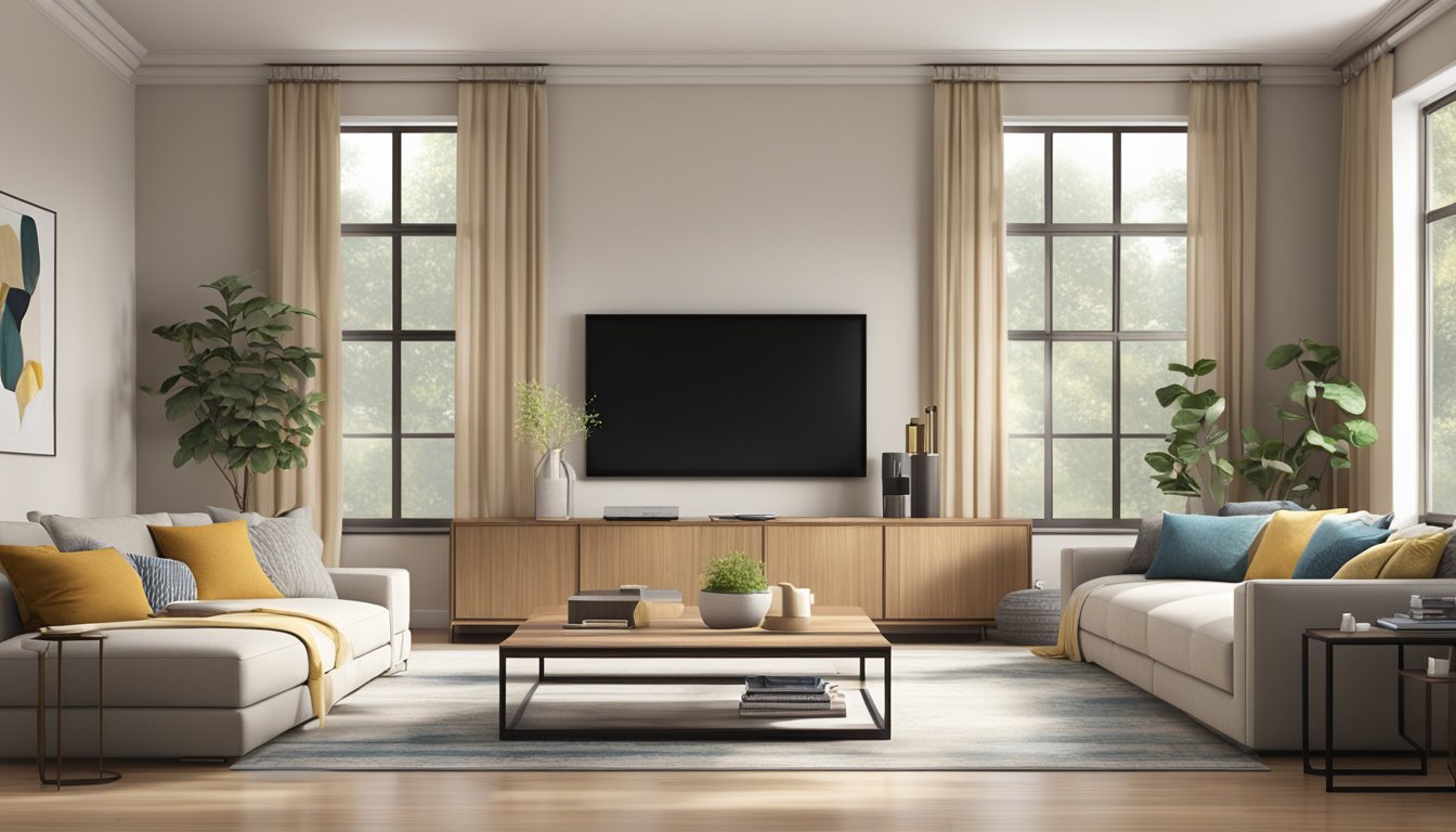 A spacious living room with a modern TV console against a neutral-colored wall, surrounded by comfortable seating and natural light filtering in through large windows