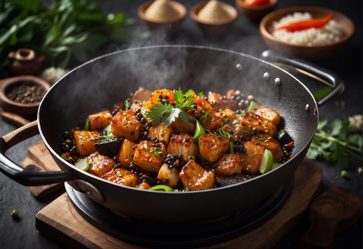 A sizzling wok with Chinese black pepper fish, surrounded by aromatic spices and herbs