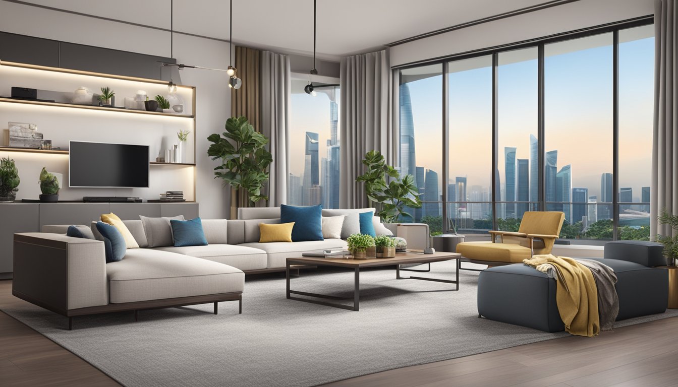 A modern living room with a sleek TV console, surrounded by stylish furniture and decor, set against the backdrop of the Singapore skyline