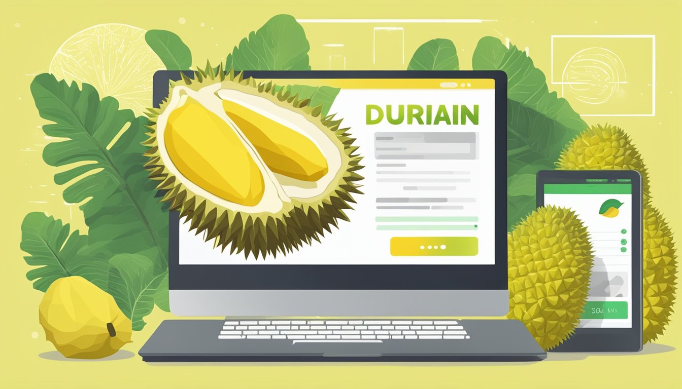 A computer screen displaying a website with a "buy durian online" button, surrounded by images of fresh durian fruit