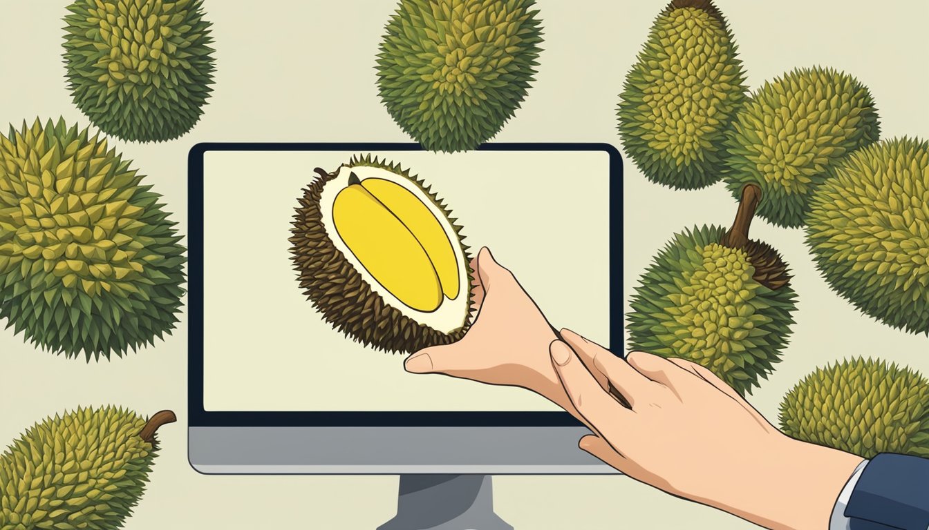 A hand reaches for a durian on a screen, surrounded by other durians and a "buy durian online" button