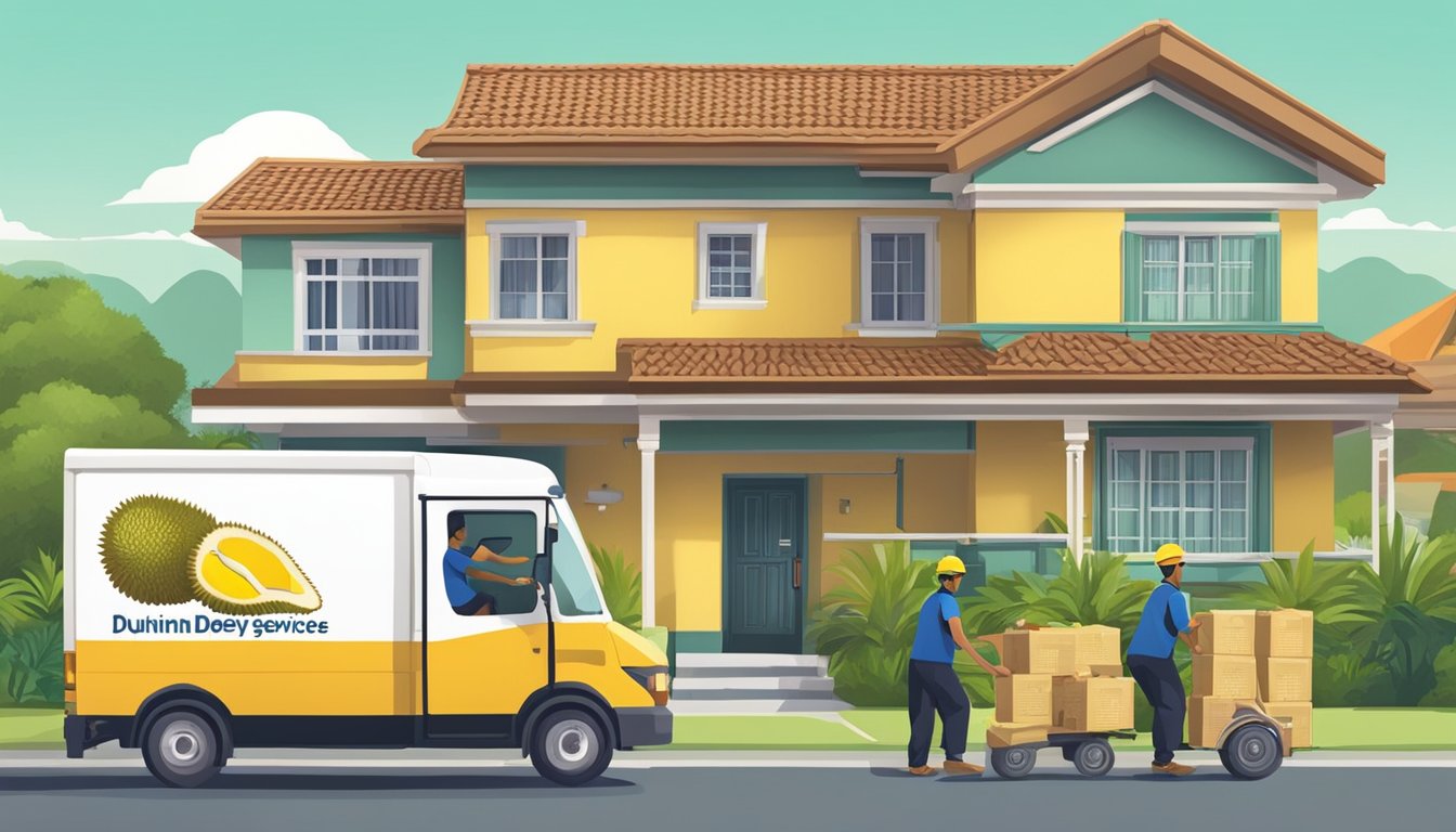 A delivery truck pulls up to a house, with a stack of durian fruit boxes being unloaded by workers. The logo "Seamless Durian Delivery Services" is prominently displayed on the side of the truck