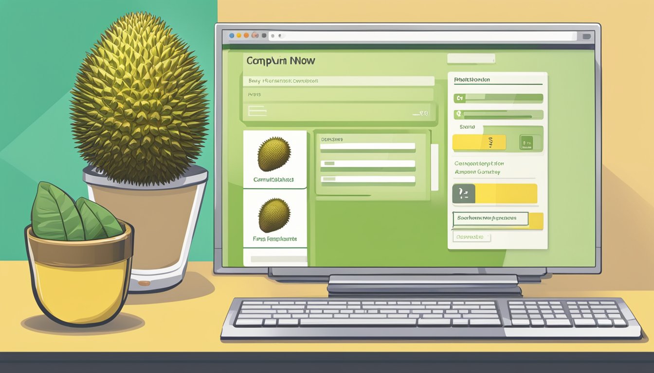 A computer with a durian fruit on the screen, a "buy now" button, and a list of frequently asked questions displayed
