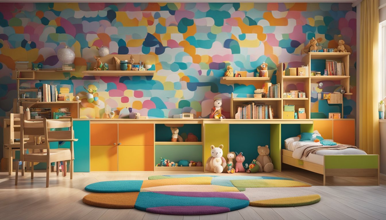 A colorful and cozy child's bedroom with a neatly made bed, a vibrant rug on the floor, and shelves filled with toys and books. A playful wallpaper or painted mural adds a fun touch to the room