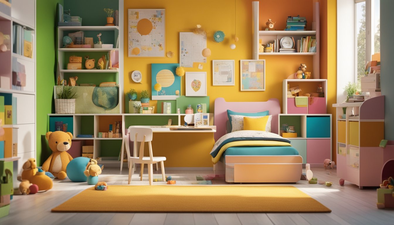 A child's bedroom with colorful walls, a cozy bed, and shelves filled with toys and books. A desk with art supplies and a playful rug on the floor