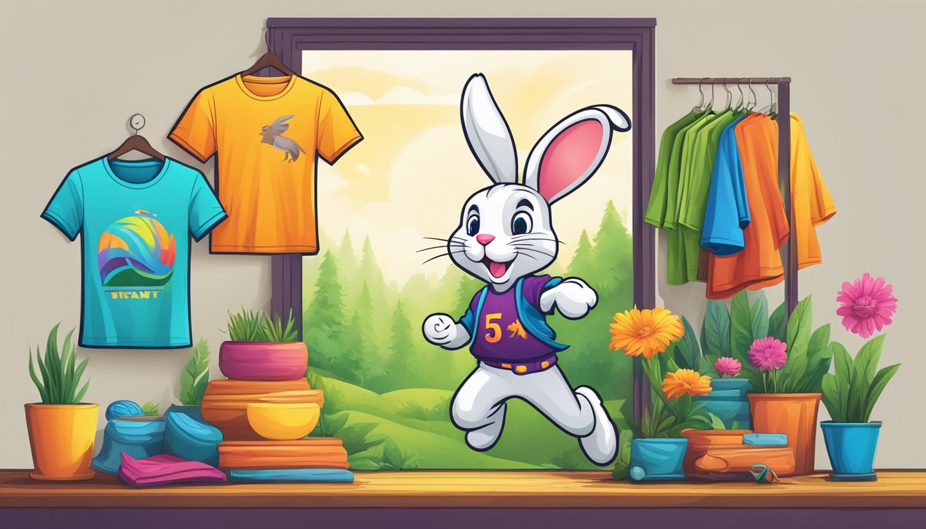A rabbit mascot leaps out of a vibrant, nature-inspired logo, surrounded by a variety of colorful t-shirts on display