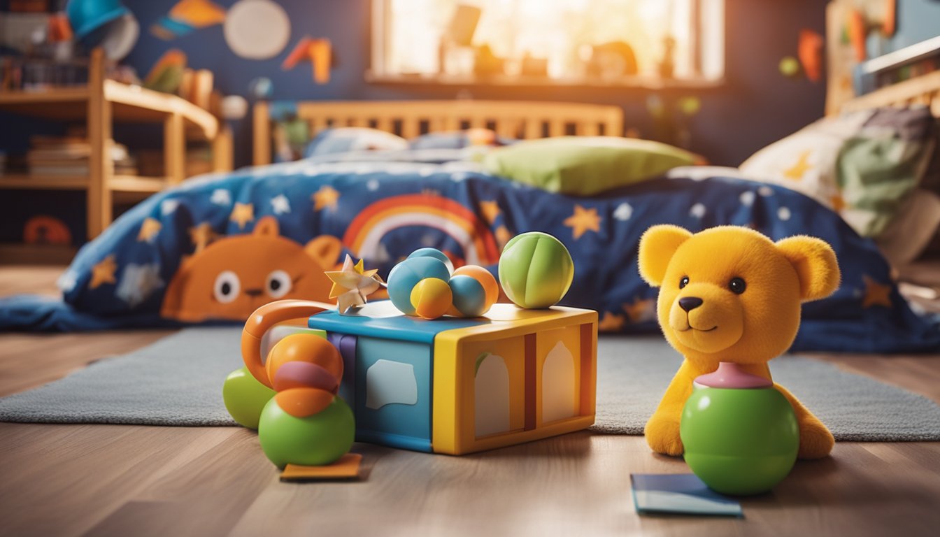 Colorful toys and books scattered on the floor, a cozy bed with vibrant bedding, and a playful mural on the wall