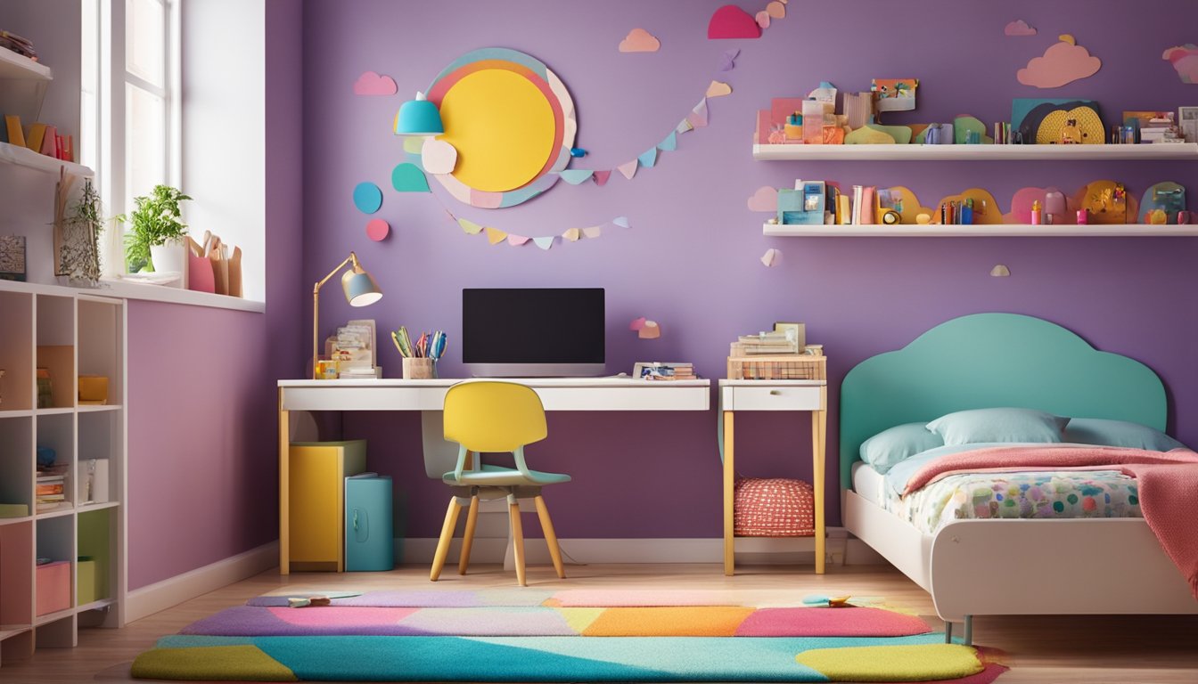 A child's bedroom with colorful walls, a cozy bed, and shelves filled with toys and books. A desk with art supplies and a playful rug on the floor