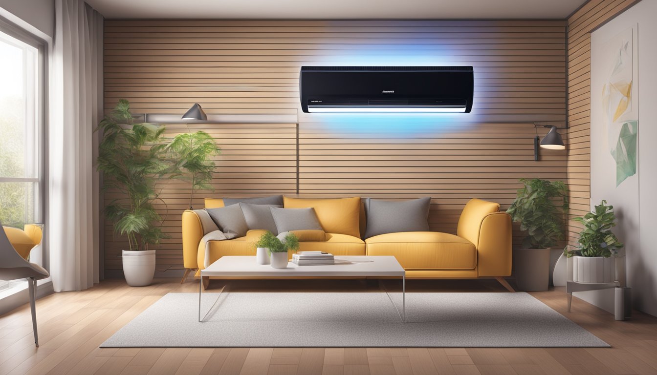 A room with a modern, sleek design. A sharp brand air conditioner mounted on the wall, emitting cool air