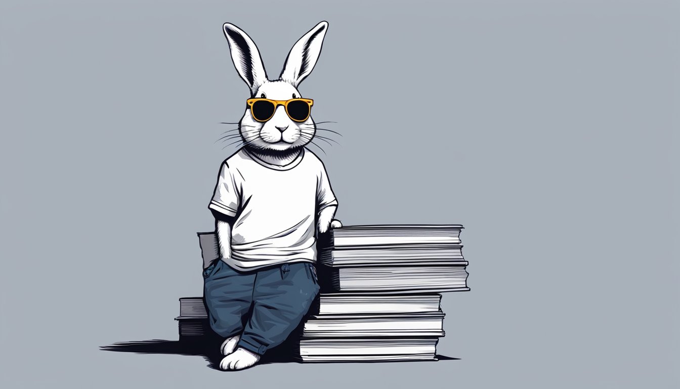 A white rabbit wearing sunglasses stands next to a stack of t-shirts with "Frequently Asked Questions" printed on them