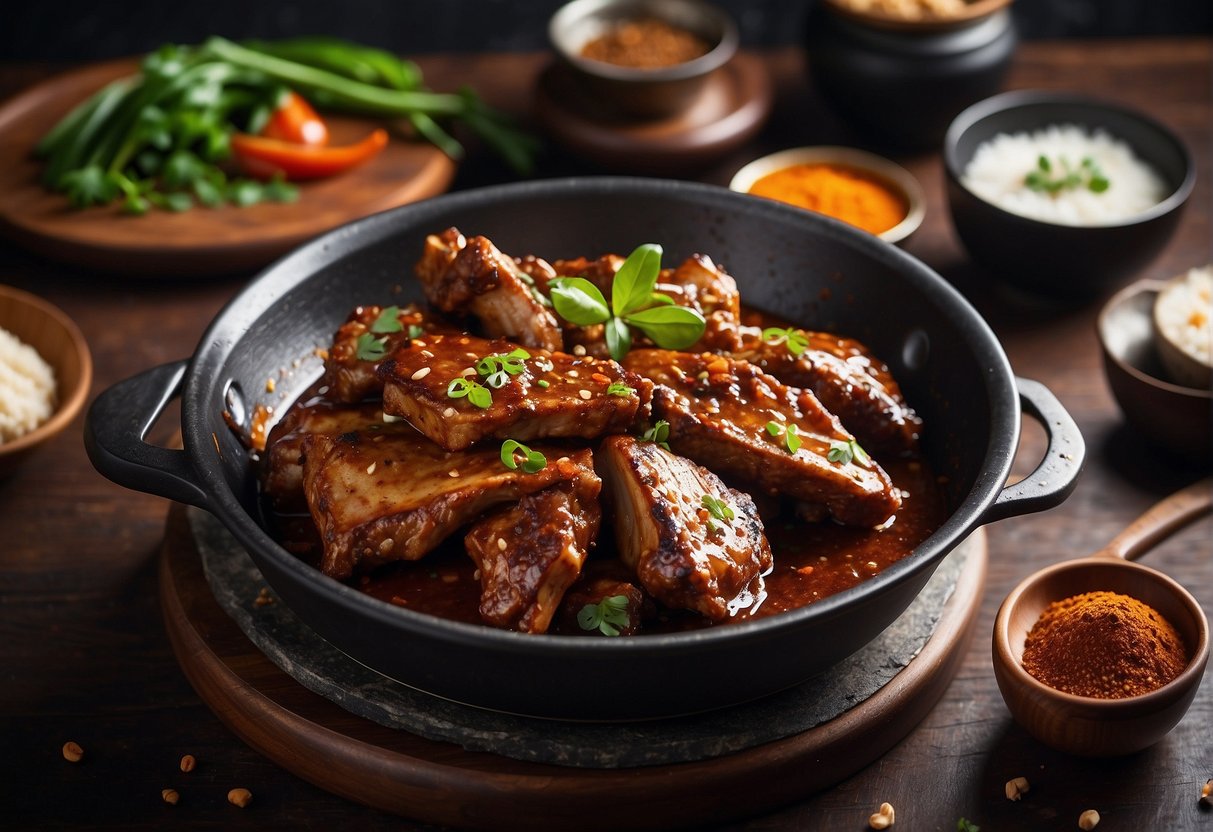 A sizzling wok filled with tender pork ribs coated in a fragrant black pepper sauce, surrounded by aromatic spices and herbs