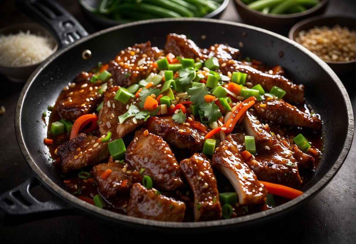 A wok sizzles with marinated pork ribs, black pepper, soy sauce, and garlic, surrounded by fresh ginger, green onions, and chili peppers