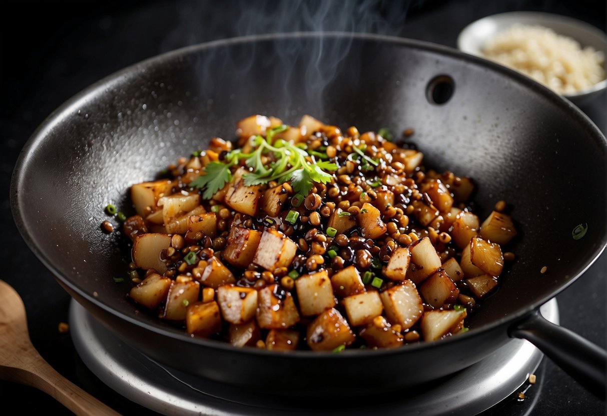 A wok sizzles with garlic, ginger, and Sichuan peppercorns. Dark soy sauce and black vinegar are added, creating a fragrant and spicy black pepper sauce