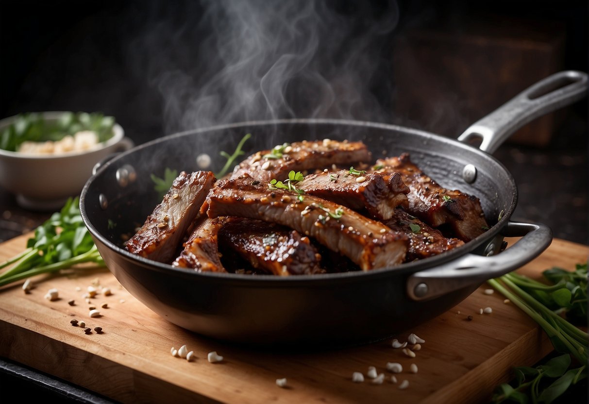 Pork ribs sizzling in a wok with black pepper, garlic, and ginger. Steam rising, fragrant aroma filling the air. Ingredients laid out on a wooden cutting board
