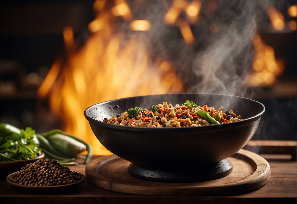 A wok sizzles as black pepper, garlic, and soy sauce blend in a fragrant cloud, symbolizing the rich culinary heritage of Chinese cuisine