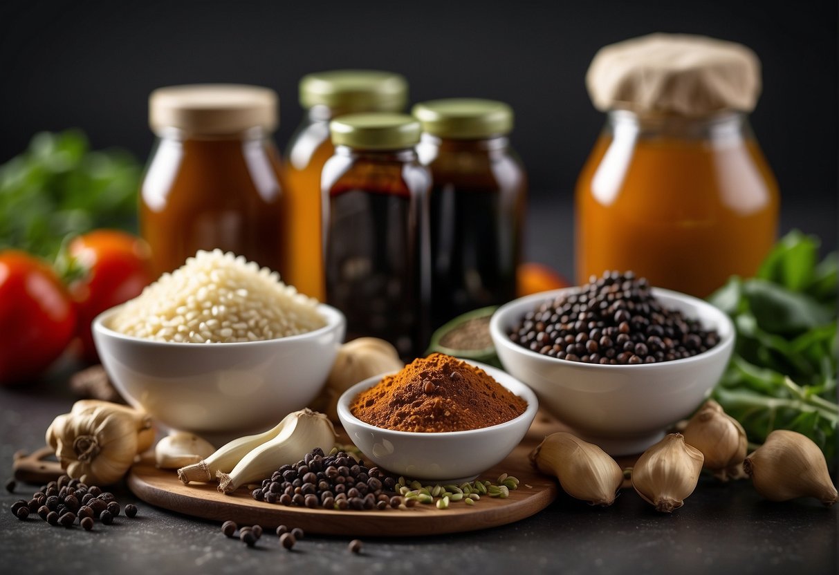 A variety of essential ingredients and potential substitutes are laid out on a clean kitchen counter, including Chinese black pepper sauce, soy sauce, garlic, and ginger