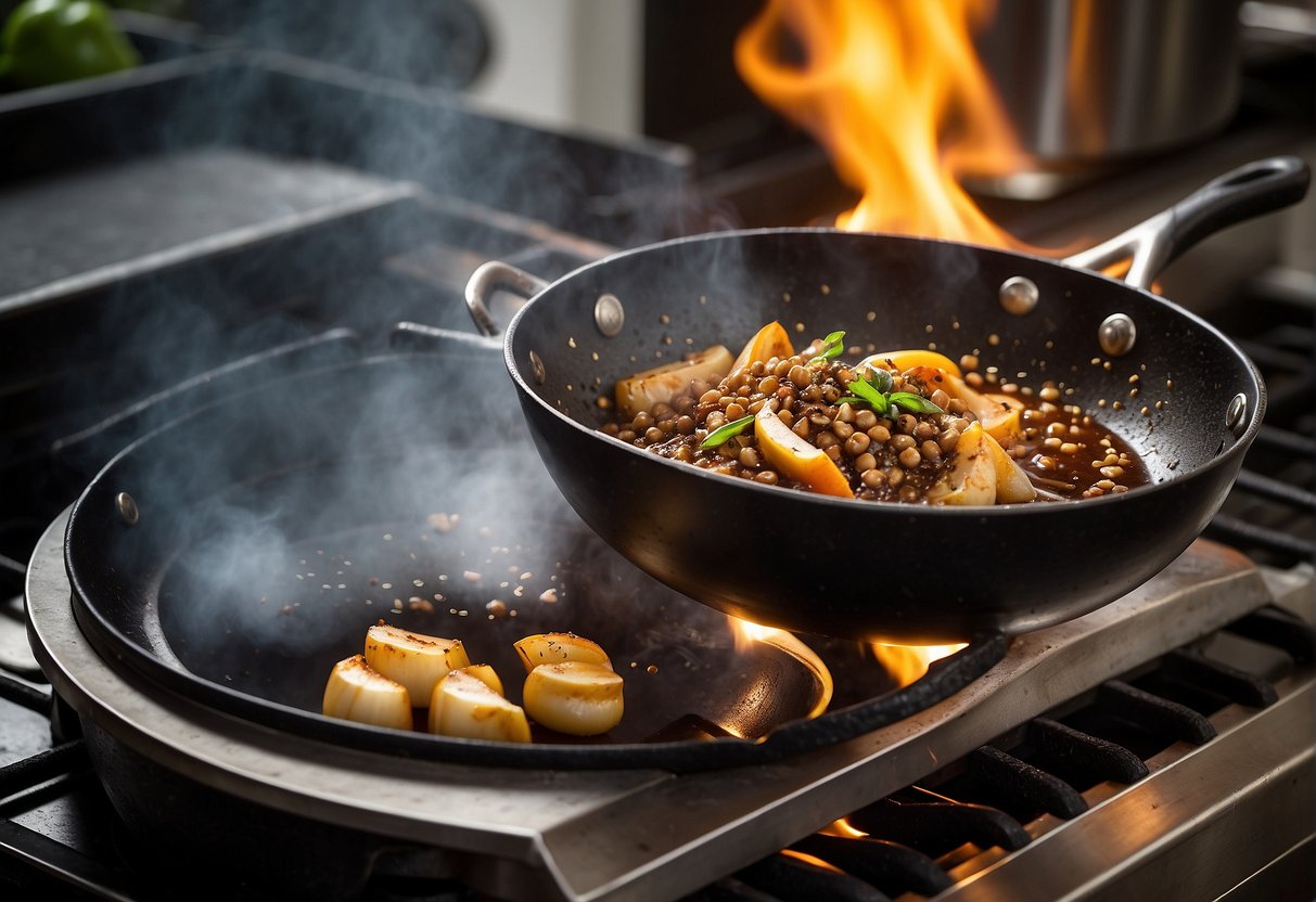 A wok sizzles on a stove as black pepper sauce simmers. Ingredients like soy sauce, garlic, and ginger are laid out nearby
