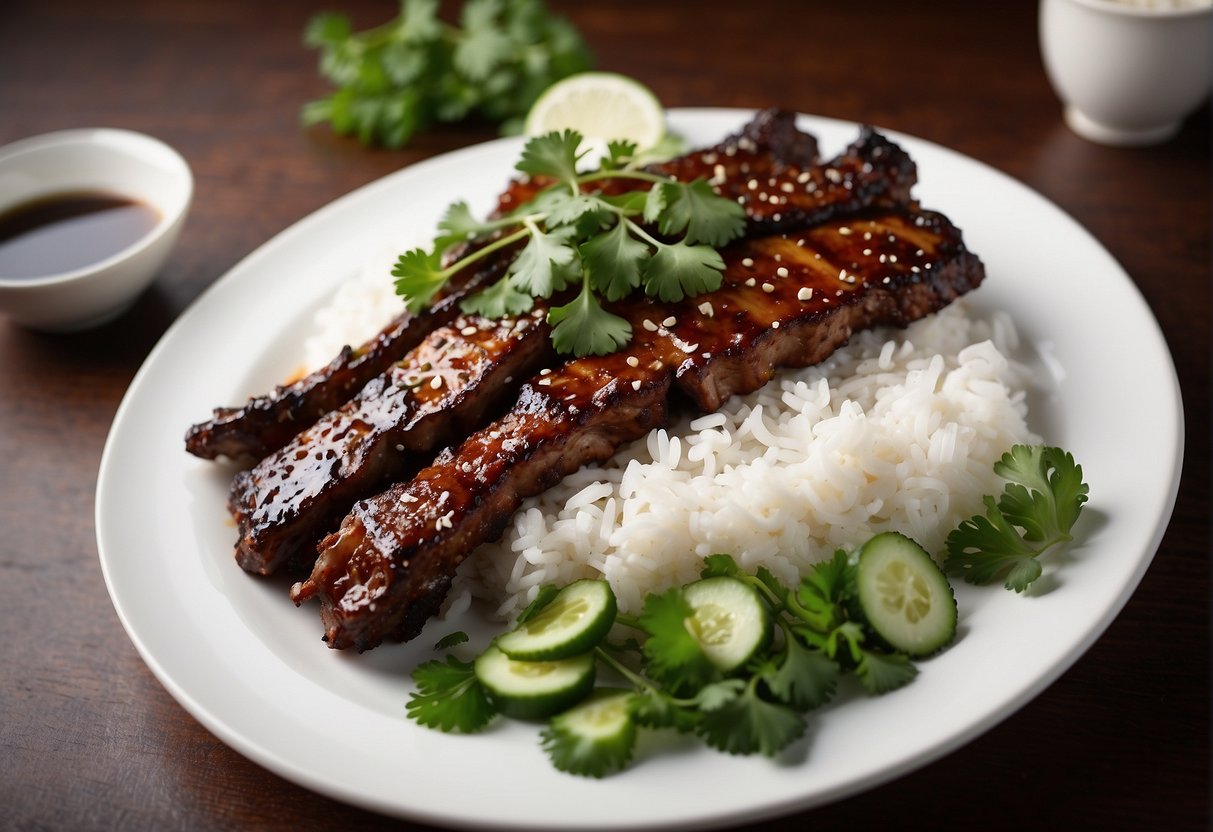 A platter of sizzling Chinese black pepper pork ribs, garnished with fresh cilantro and served with steamed rice and stir-fried vegetables