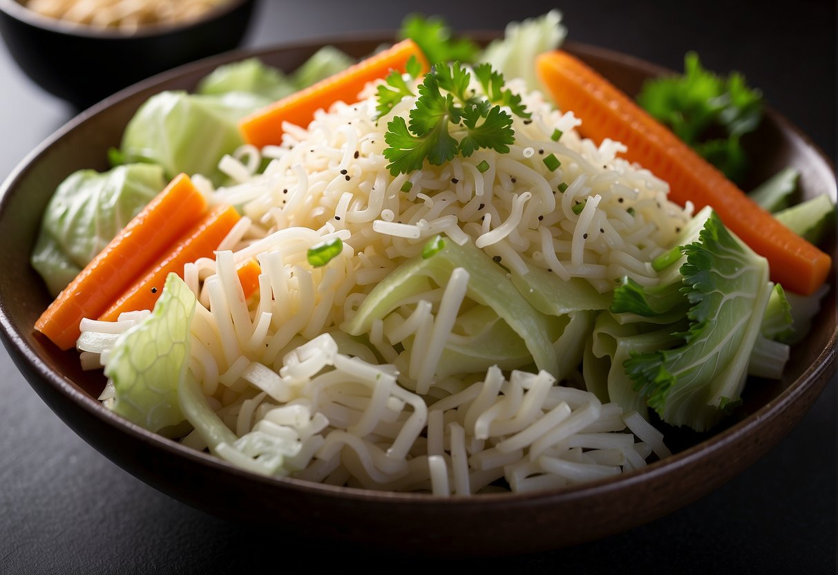 Fresh cabbage, carrots, and green onions are being tossed together in a large bowl with a tangy dressing made of soy sauce, rice vinegar, and sesame oil