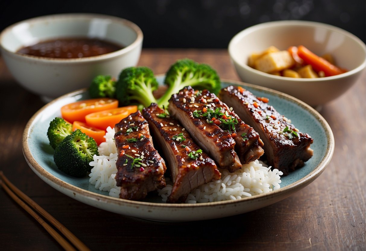 A plate of Chinese black pepper pork ribs with a side of steamed vegetables and a bowl of rice, with a small card displaying the nutritional information next to the dish