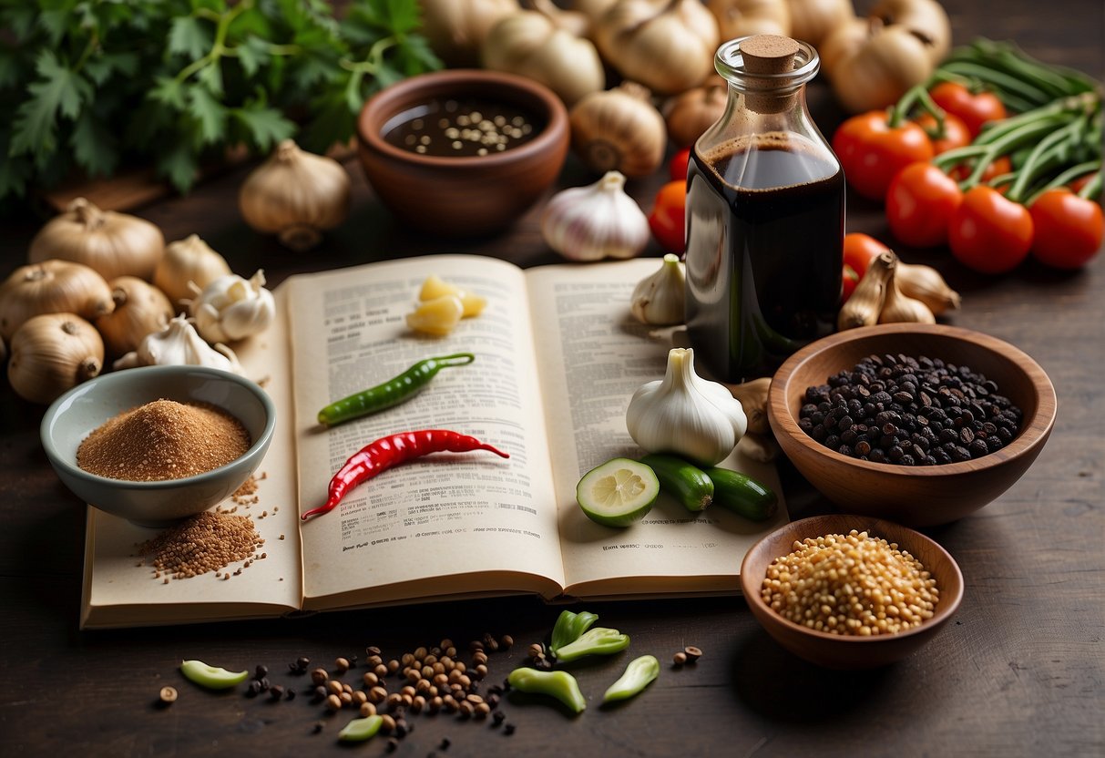 A table with various ingredients laid out: soy sauce, black pepper, garlic, ginger, and vegetables. A recipe book open to a page titled "Chinese Black Pepper Sauce."