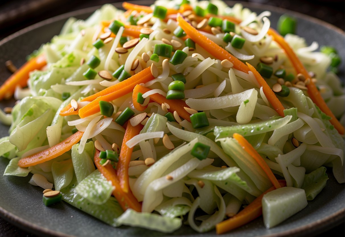 A colorful array of shredded cabbage, carrots, and green onions tossed in a tangy dressing, topped with sesame seeds and sliced almonds