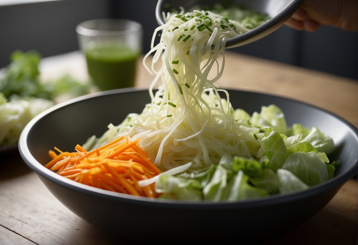 Fresh cabbage, shredded carrots, and sliced green onions are being tossed together with a tangy dressing in a large mixing bowl
