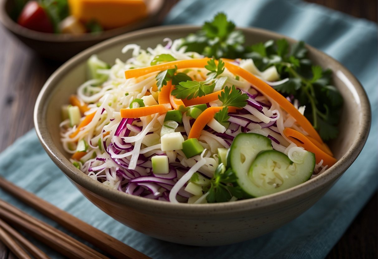 A bowl of Chinese coleslaw with colorful vegetables, tossed in a tangy dressing, garnished with sesame seeds and fresh herbs