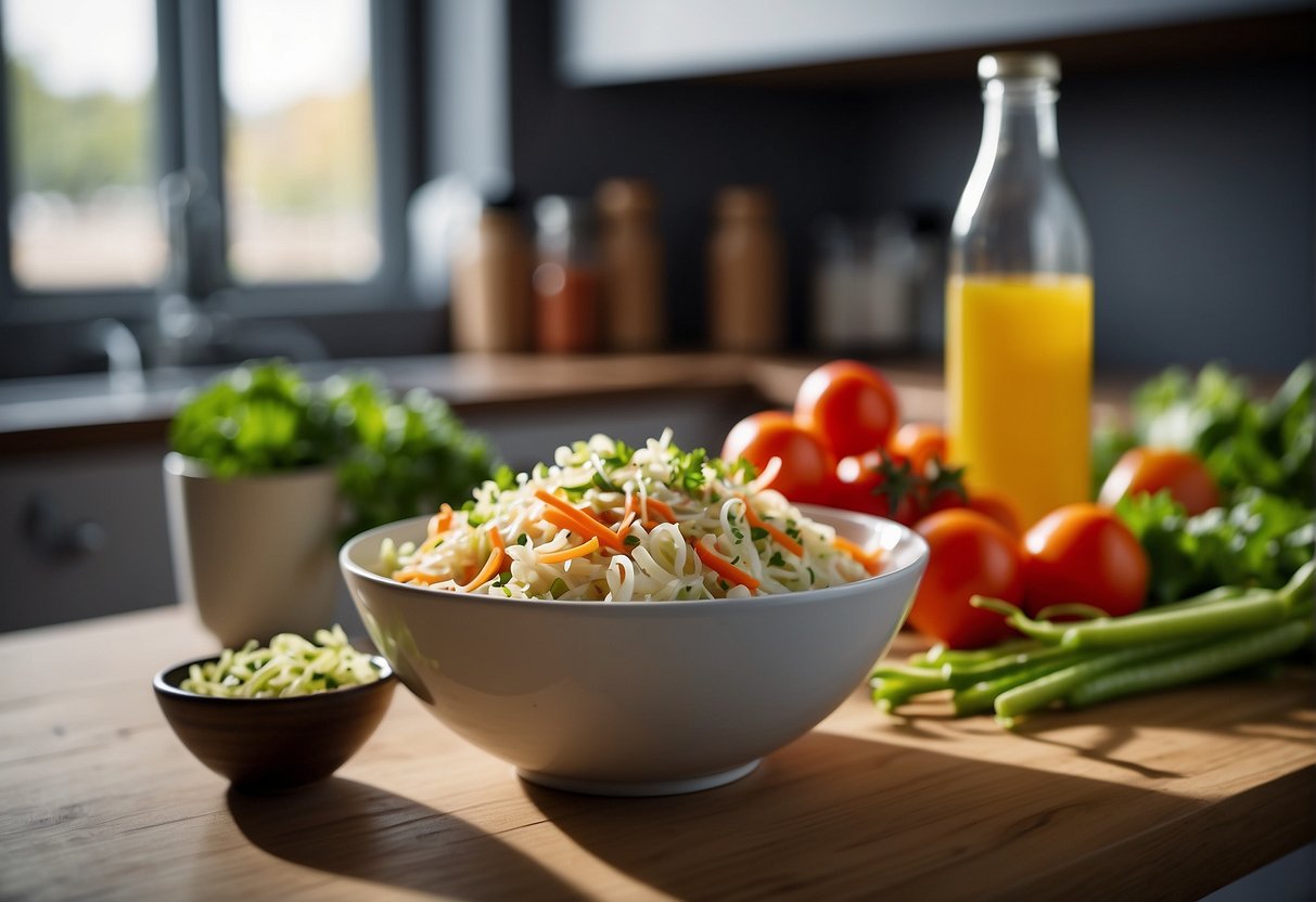 A bowl of Chinese coleslaw surrounded by fresh vegetables and a bottle of dressing on a kitchen counter