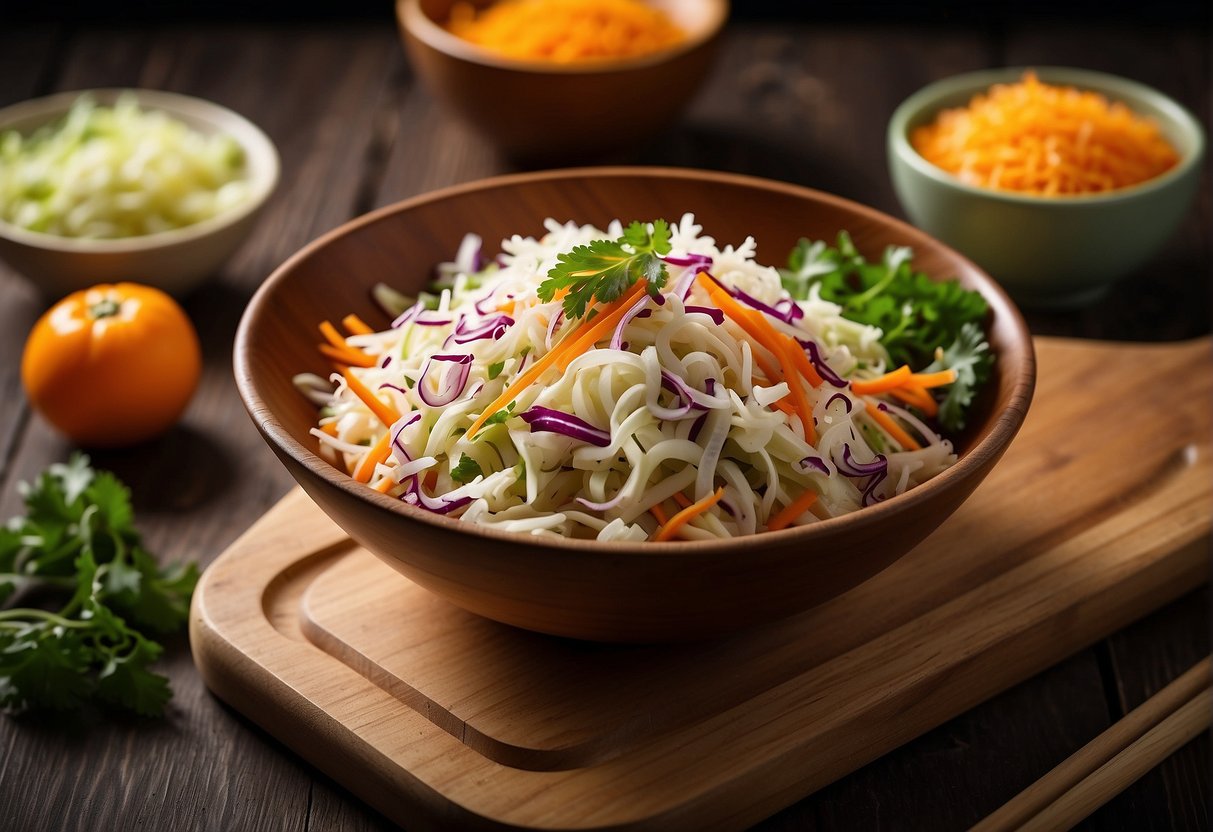 A colorful bowl of Chinese coleslaw ingredients arranged on a wooden cutting board, with a bottle of dressing and chopsticks nearby
