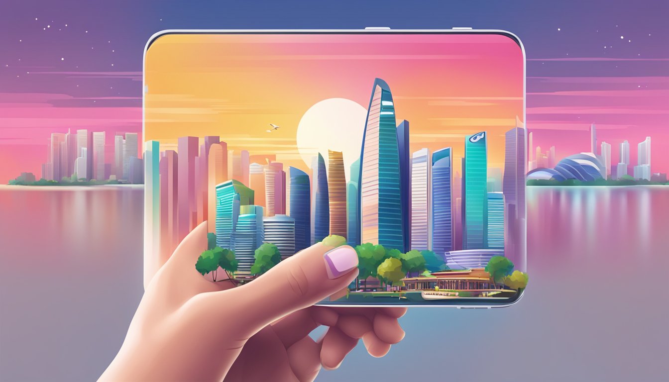 A hand holding a sim card in front of a colorful Singapore skyline