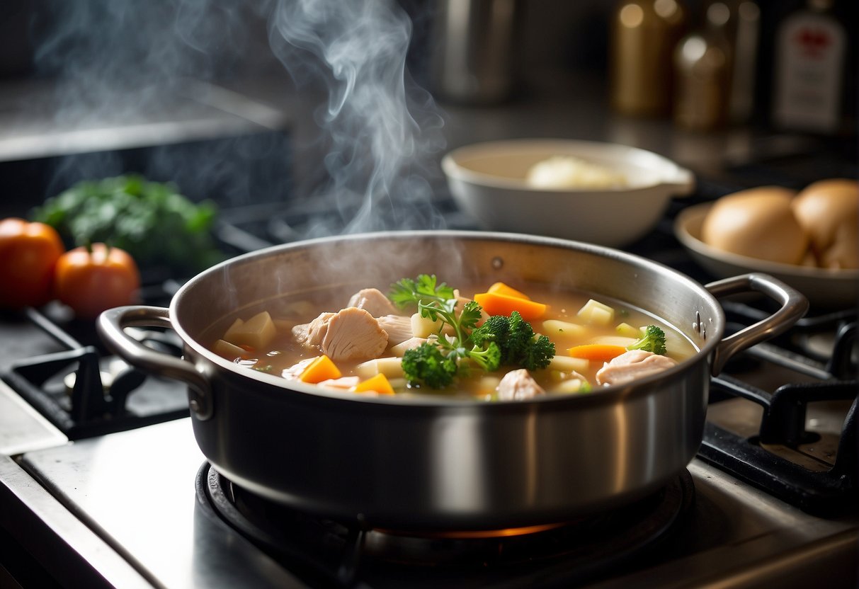 A pot simmers on a stove with chicken, ginger, and vegetables. Steam rises as the ingredients meld into a comforting Chinese chicken soup