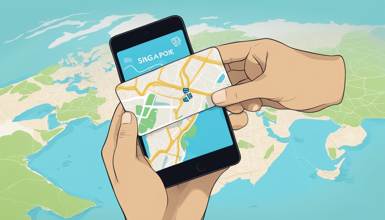 A hand holding a Singapore SIM card, with a smartphone and a map of Singapore in the background