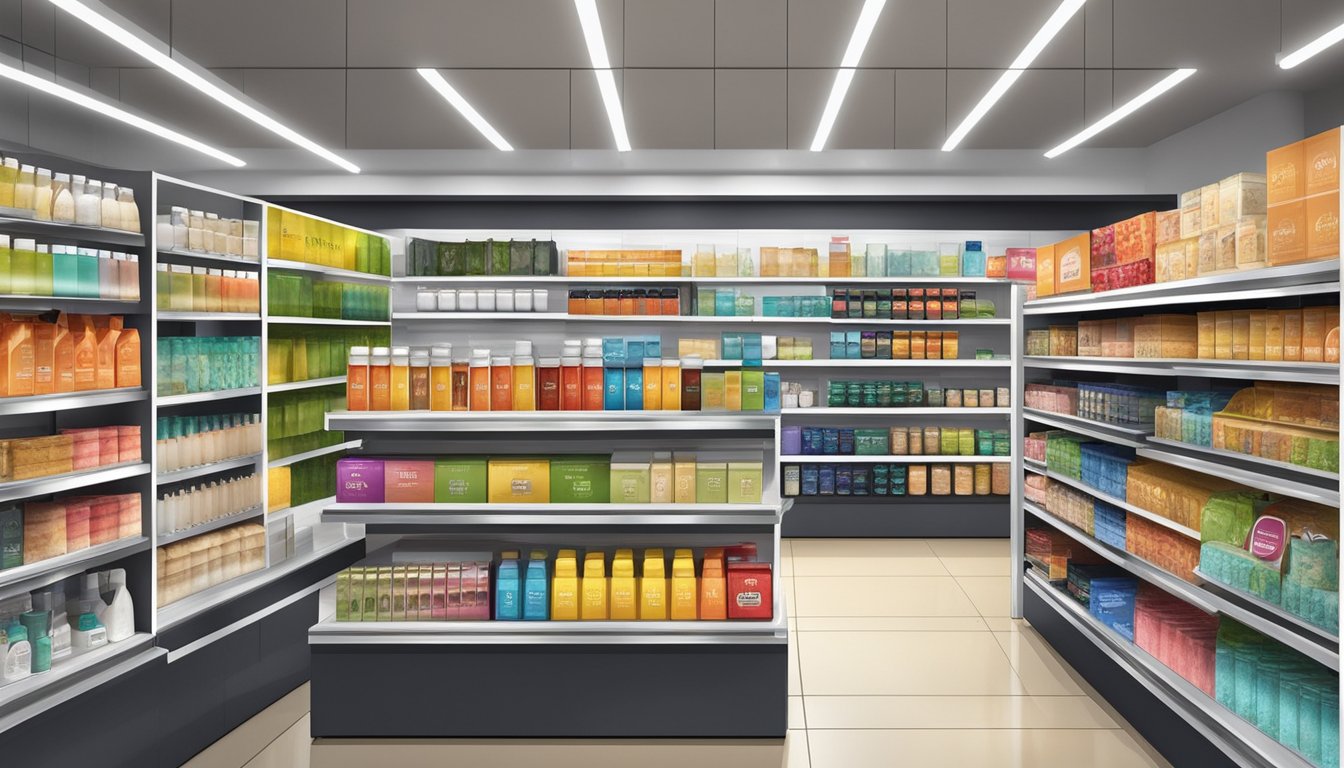 A shelf displaying various branded and private label products at Shoppers Stop, with clear signage and attractive packaging