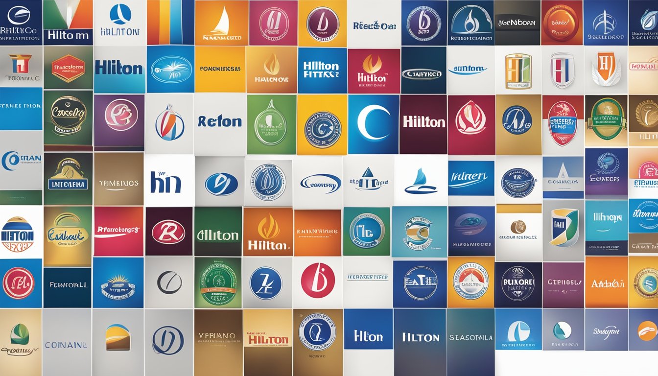 A colorful array of Hilton brand logos displayed in a ranking order, showcasing the diversity and breadth of the Hilton brand portfolio