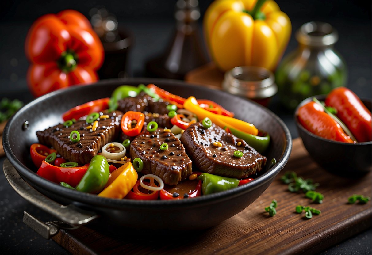 A sizzling wok of Chinese black pepper steak, with tender slices of beef, vibrant bell peppers, and aromatic black pepper sauce