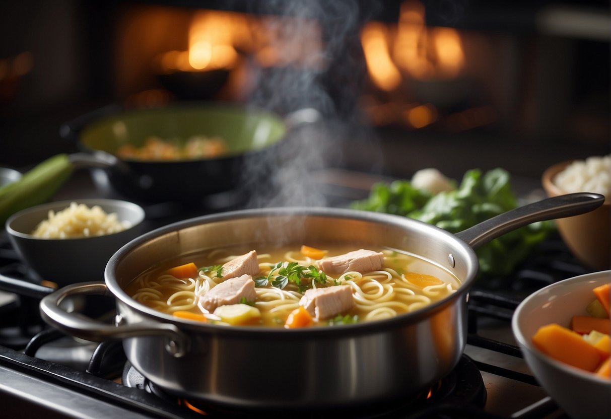 A pot simmers on a stove. Chicken, ginger, and garlic float in a fragrant broth. Vegetables and noodles wait nearby