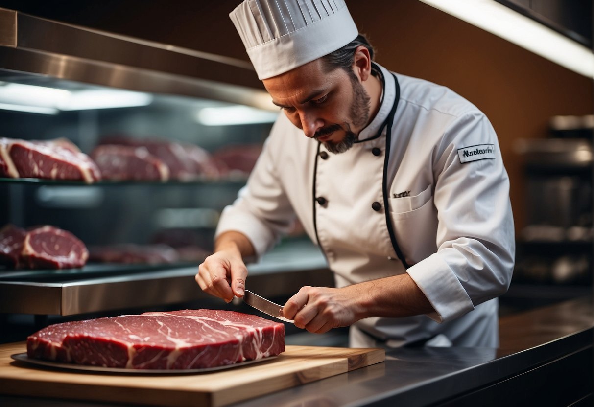 A chef selects a marbled, boneless beef steak from a display case. The meat is being sliced against the grain into thin strips