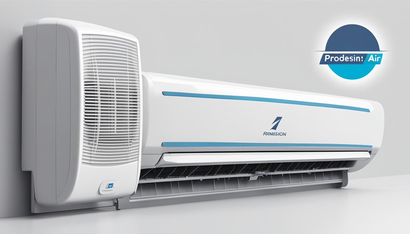 A modern air conditioning unit stands against a sleek, white backdrop, with the brand logo prominently displayed